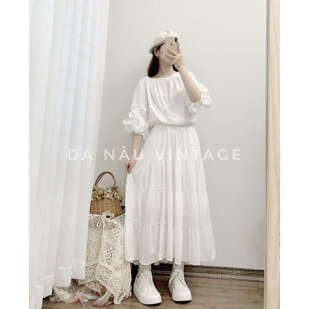 Chân váy voan lụa midi nữ dáng dài màu trơn phân tầng – Da Nâu Vintage