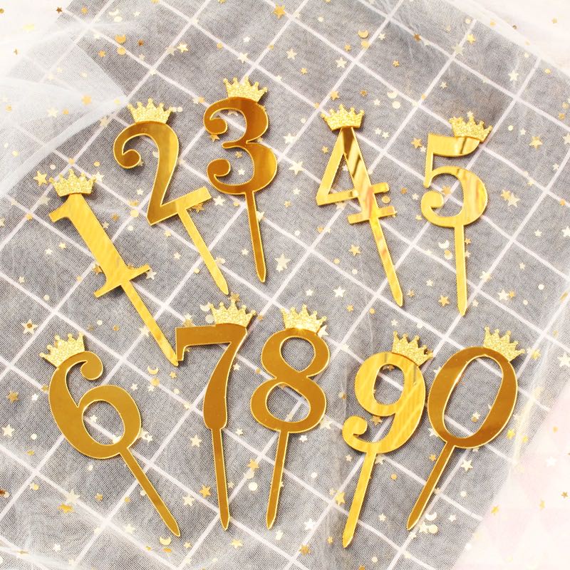 Thẻ Số Bánh Sinh Nhật Bằng acrylic Mạ Vàng Hình Vương Miện Màu Vàng Cho Bé 1-10 Tuổi