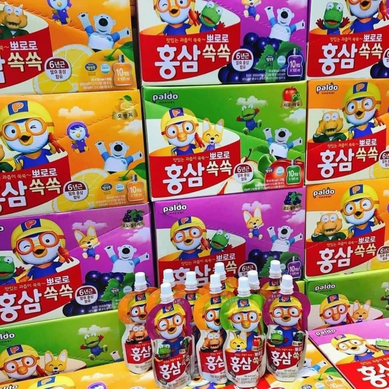 Hộp 10 Gói Nước Hồng Sâm Trẻ Em Pororo Paldo Hàn Quốc 100ml x 10 gói - NK103