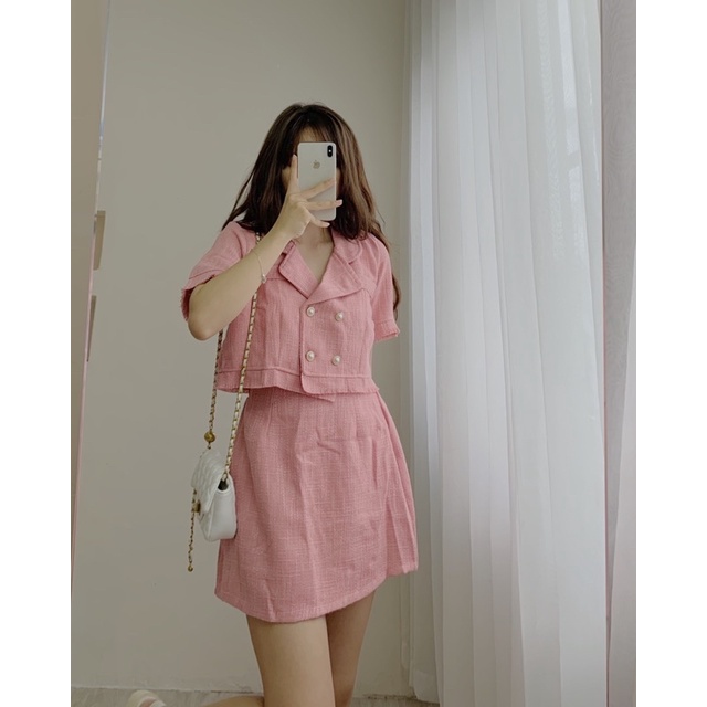 Set đồ vải tweed tay ngắn 753 kèm chân váy chữ A cạp chun sau