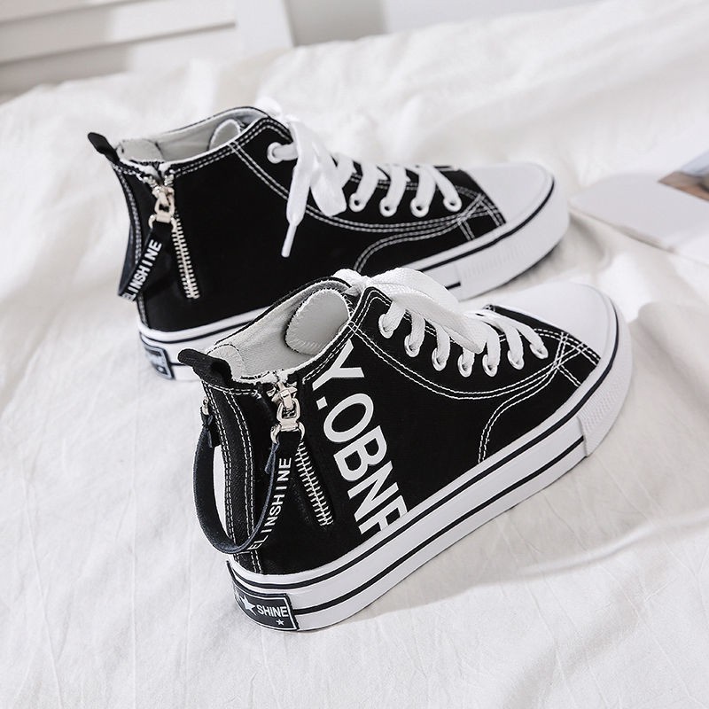 Giày Vải Canvas Cổ Cao Phối Khóa Dây Kéo Bên Hông Phong Cách Harajuku Hàn Quốc Mới Cho Nữ