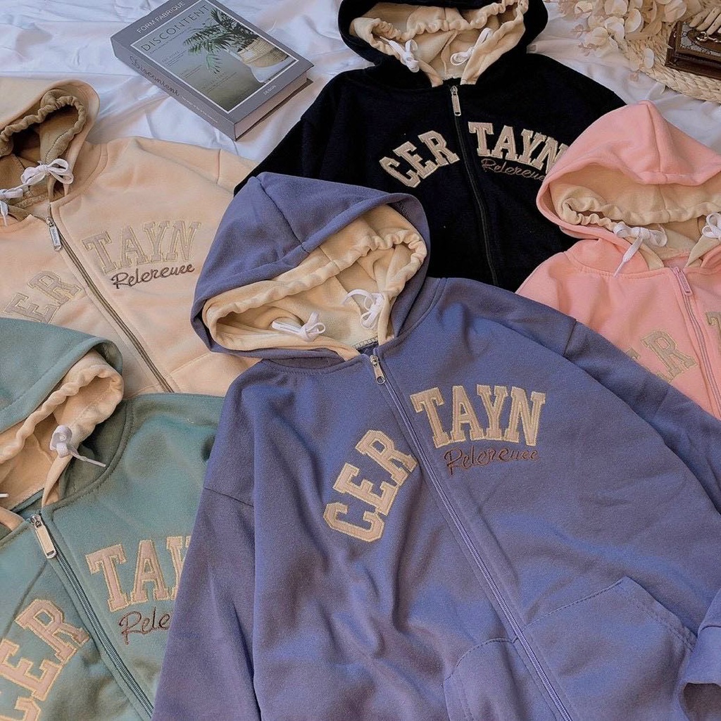 Áo Khoác Hoodie Nam Nữ Chất Nỉ Thun Thêu Chữ CerTayN Form Rộng Khóa Kéo Có Nón 2 Lớp