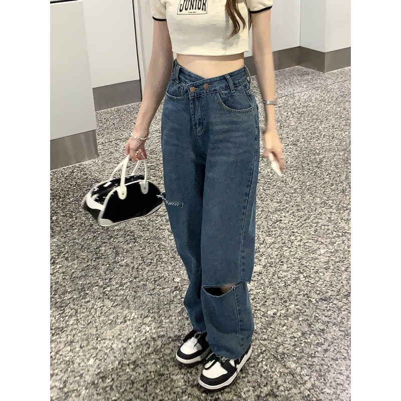 Quần jean nữ lưng cao thiết kế kiểu rách cá tính
