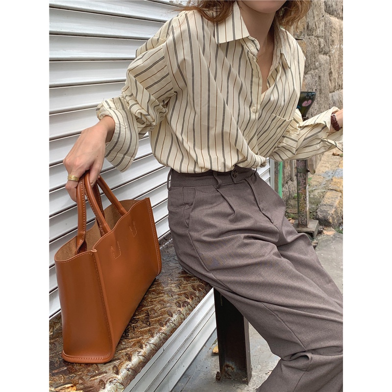 Áo Sơ Mi Tay Dài Dáng Rộng Họa Tiết Kẻ Sọc Phong Cách Hàn Quốc Thời Trang Cho Nữ