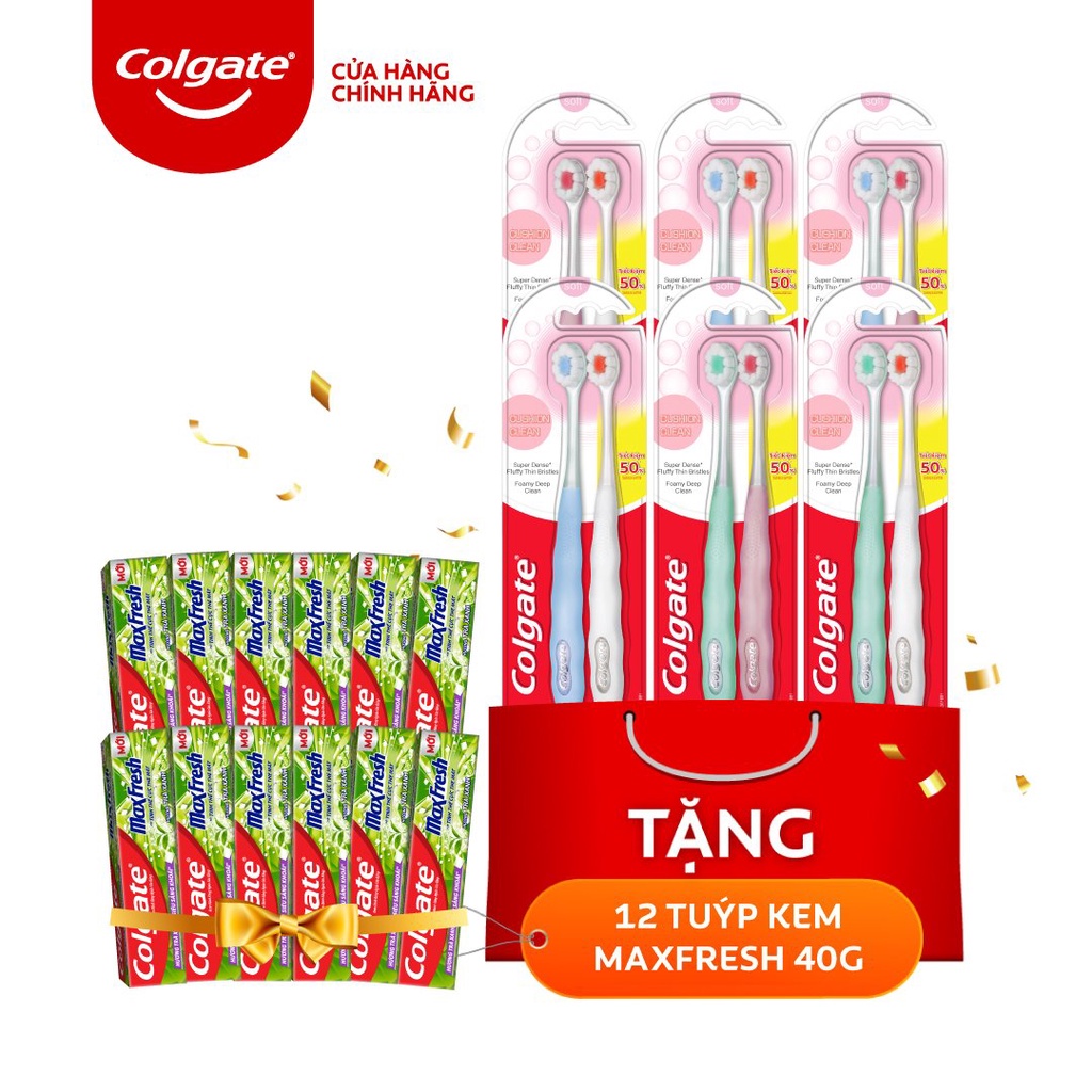 Bộ 12 bàn chải Colgate Cushion Clean tặng 12 tuýp Kem đánh răng Colgate size du lịch