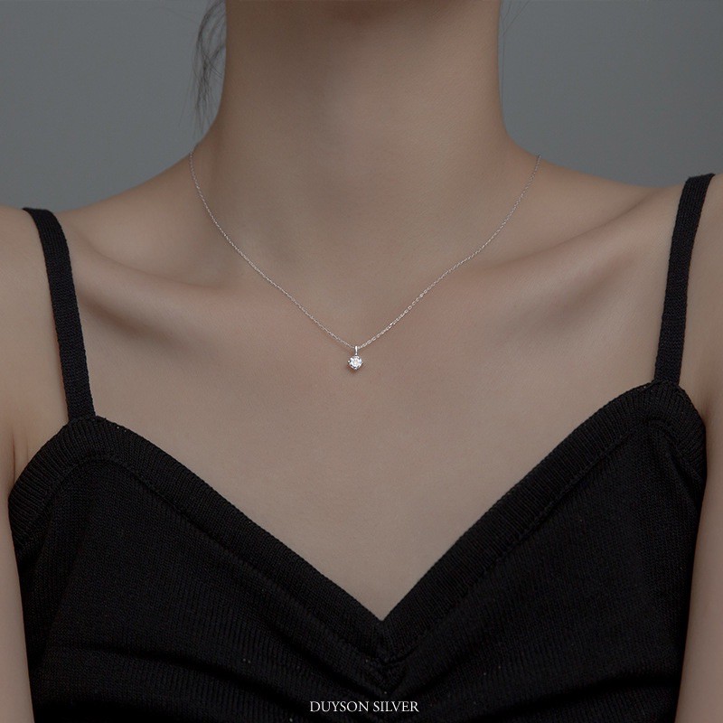 Dây chuyền bạc 925 DUYSON SILVER, Vòng cổ nữ đính đá tròn đơn giản cá tính