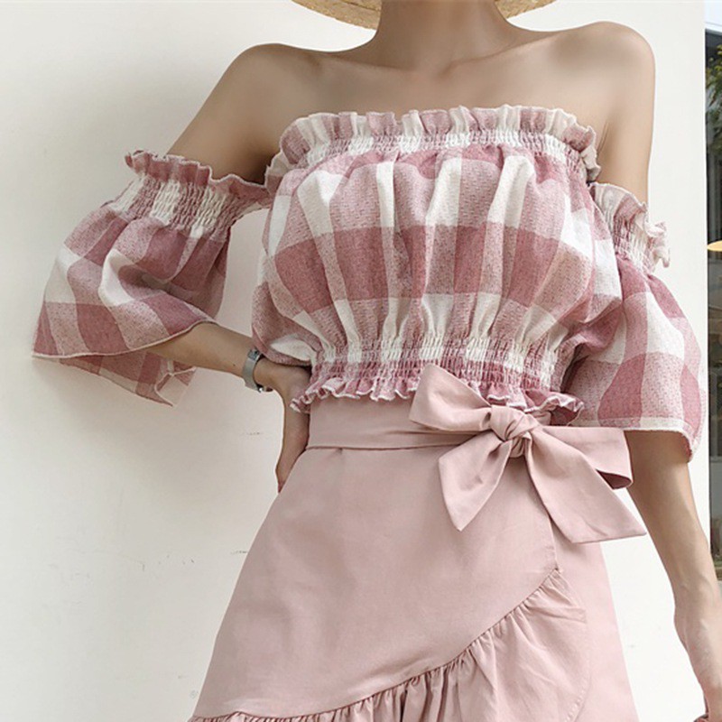 Áo croptop tay ngắn trễ vai họa tiết caro nữ tính gợi cảm cho nữ | BigBuy360 - bigbuy360.vn