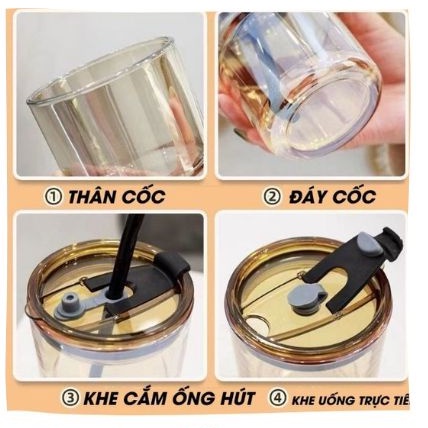 Cốc, ly thủy tinh bọc da 450ml kèm ống hút, chống bỏng chống rò rỉ cách nhiệt tốt