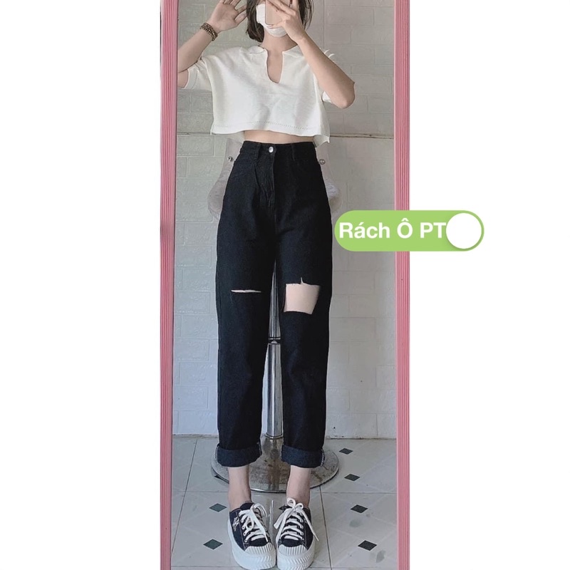Quần Baggy Jeans Lưng Cao Đen + Croptop Cổ Bẻ Trắng🎗