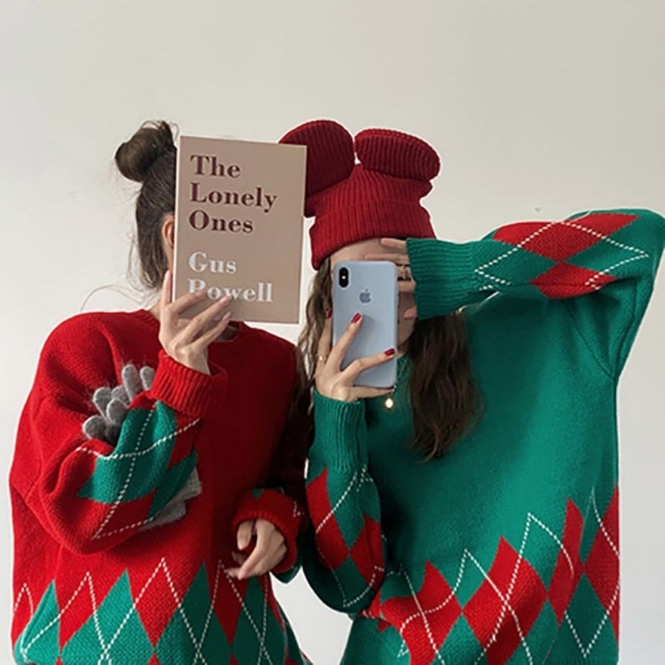 Áo sweater dáng rộng dày màu sắc tương phản thời trang thu đông mới trẻ trung dành cho nữ