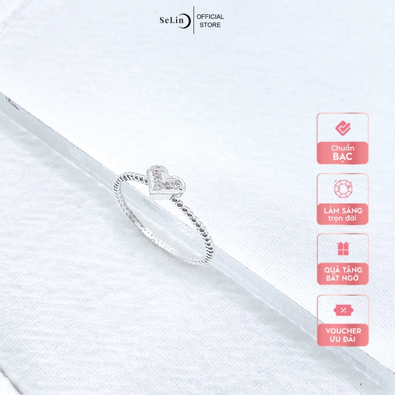 Nhẫn bạc nữ SELIN JEWELY bạc ta hình trái tim đính đá thân đốt đơn giản, phụ kiện thời trang bạc nữ