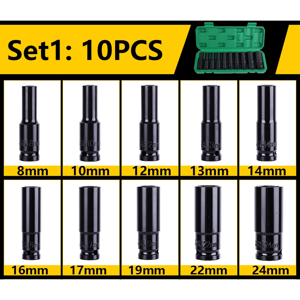 Bộ 10 Đầu Khẩu-Đầu Tuýp 1/2 Dài Dùng Cho Máy Siết Bulong 8-24mm