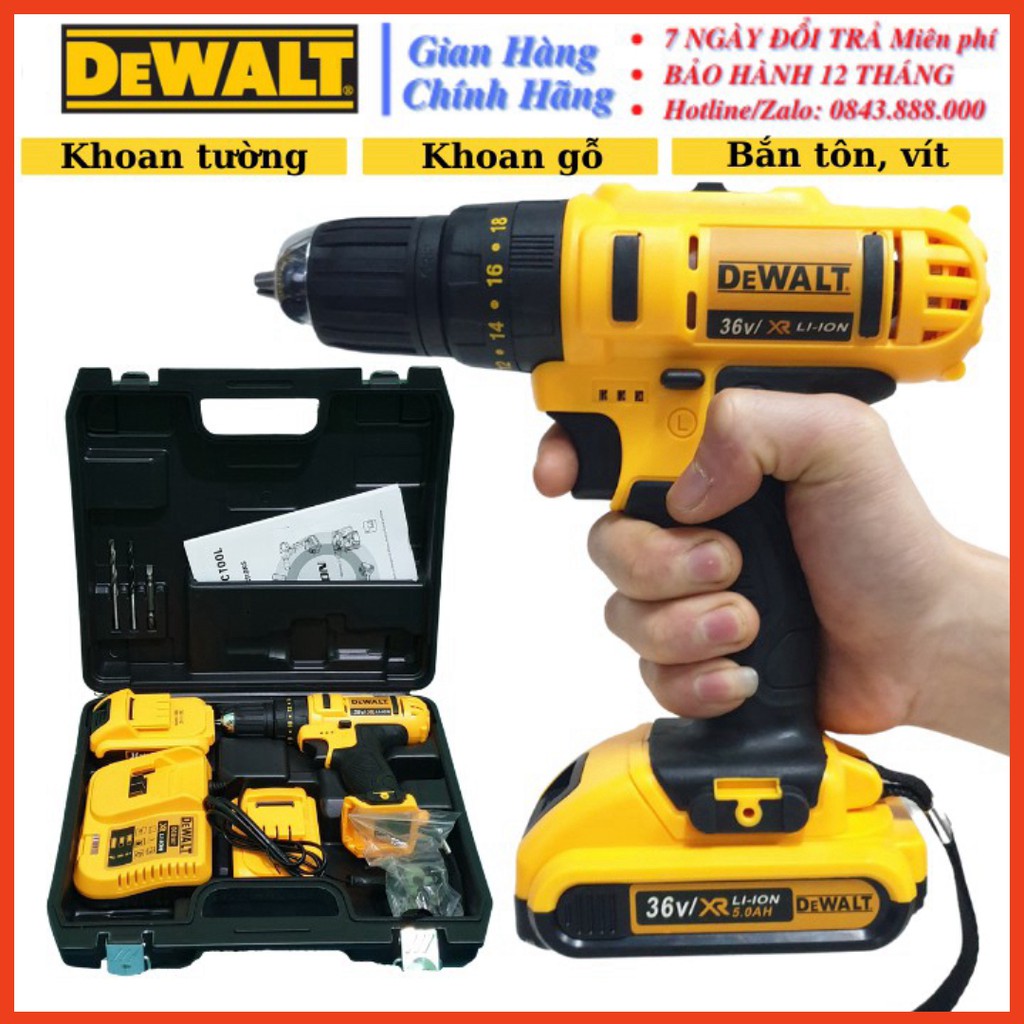 [CHÍNH HÃNG] Máy khoan PIN Dewalt 36V (CÓ BÚA) - 2 PIN - TẶNG KÈM 3 MŨI: Khoan bê tông, Khoan sắt, Khoan gỗ