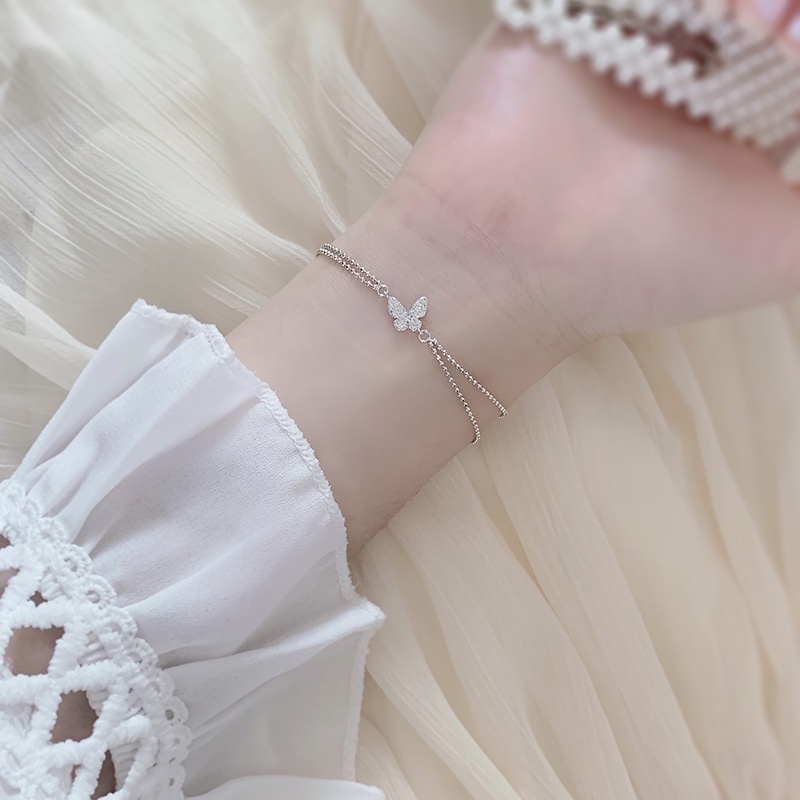 Vòng tay hai lớp mặt hình bướm đính đá lấp lánh màu bạc phong cách Hàn Quốc ngọt ngào cho nữ | BigBuy360 - bigbuy360.vn