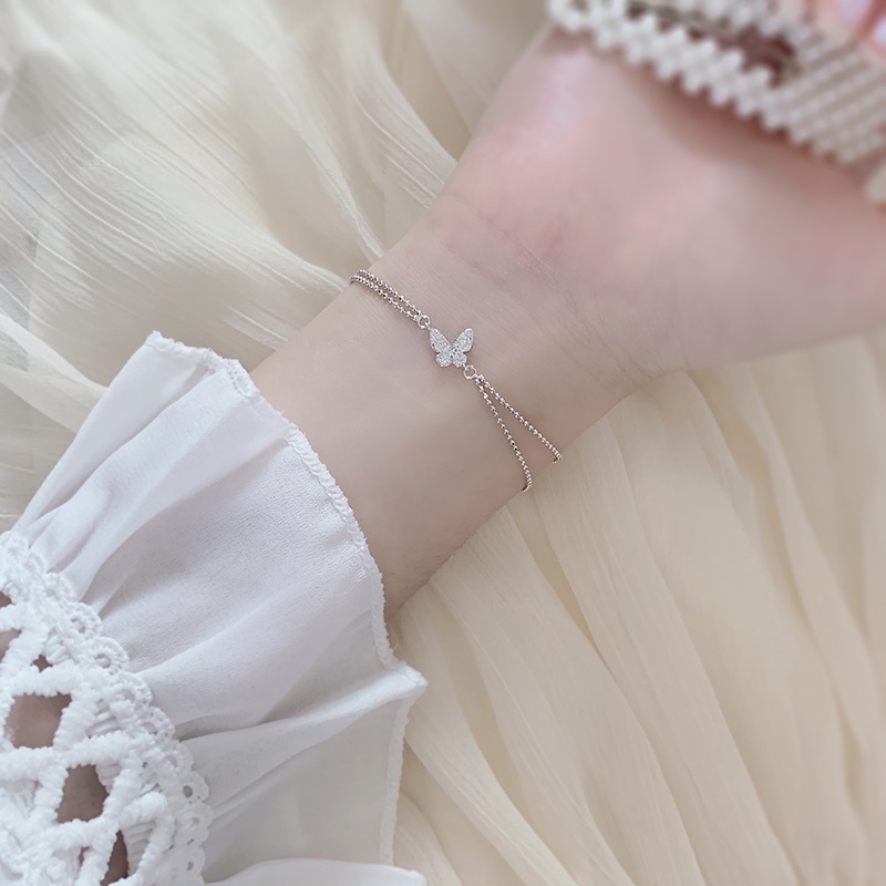 Vòng tay hai lớp mặt hình bướm đính đá lấp lánh màu bạc phong cách Hàn Quốc ngọt ngào cho nữ