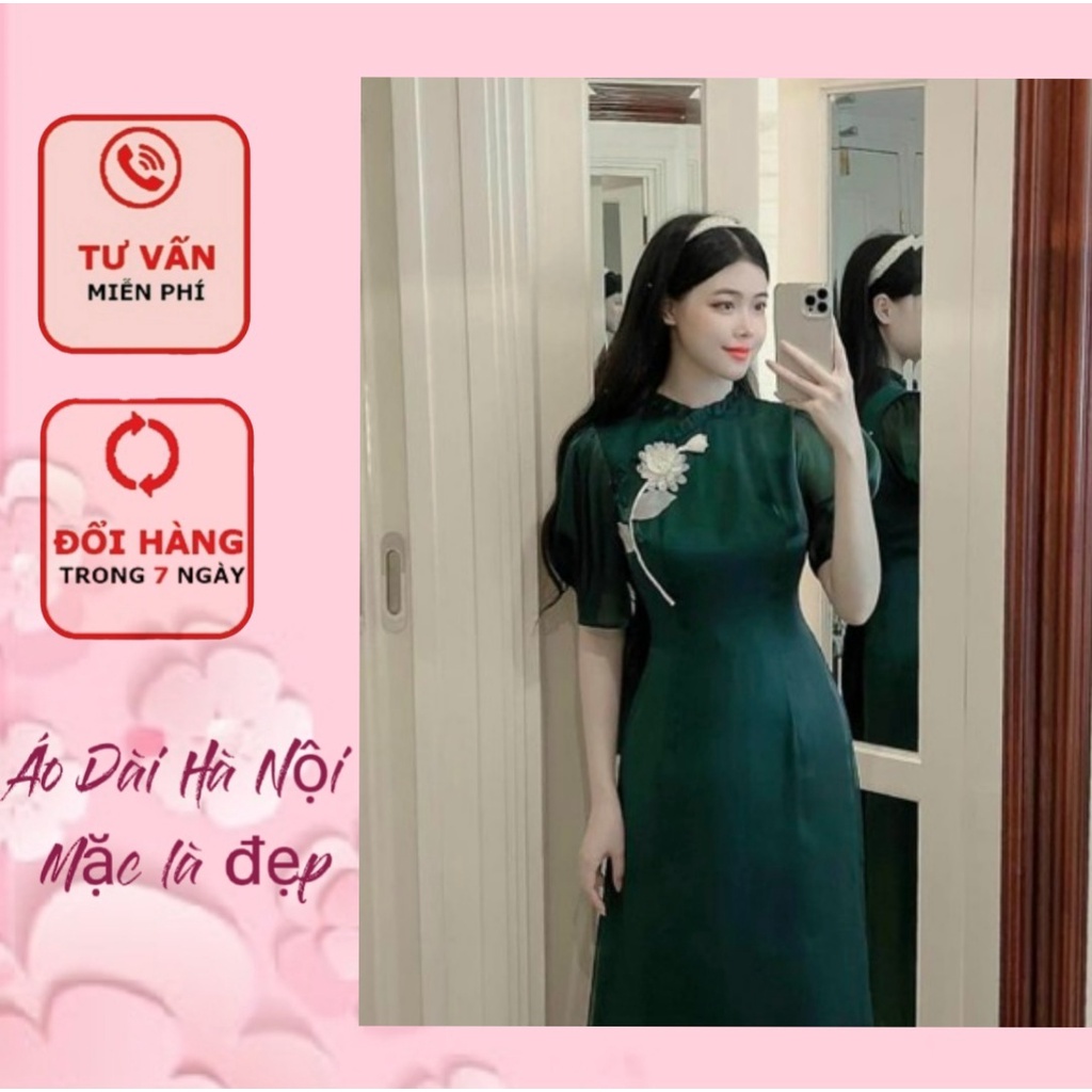 Áo dài von tơ 4 tà màu vàng và xanh - ÁO DÀI HÀ NỘI