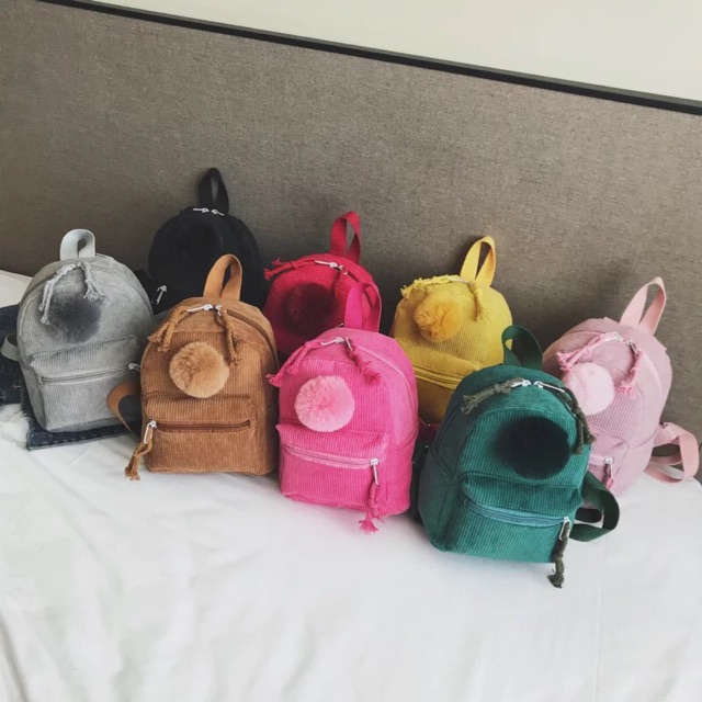 Balo nhung mini đính quả bông xinh xắn