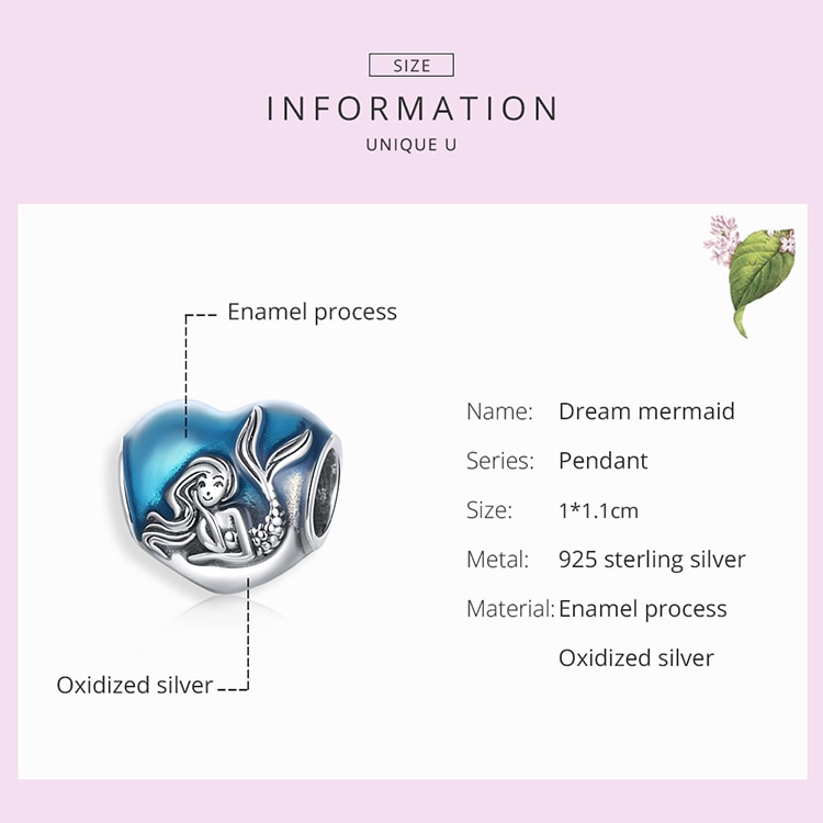Hạt charm Bamoer SCC1801 bạc 925 hình người cá trái tim cho vòng tay dây chuyền