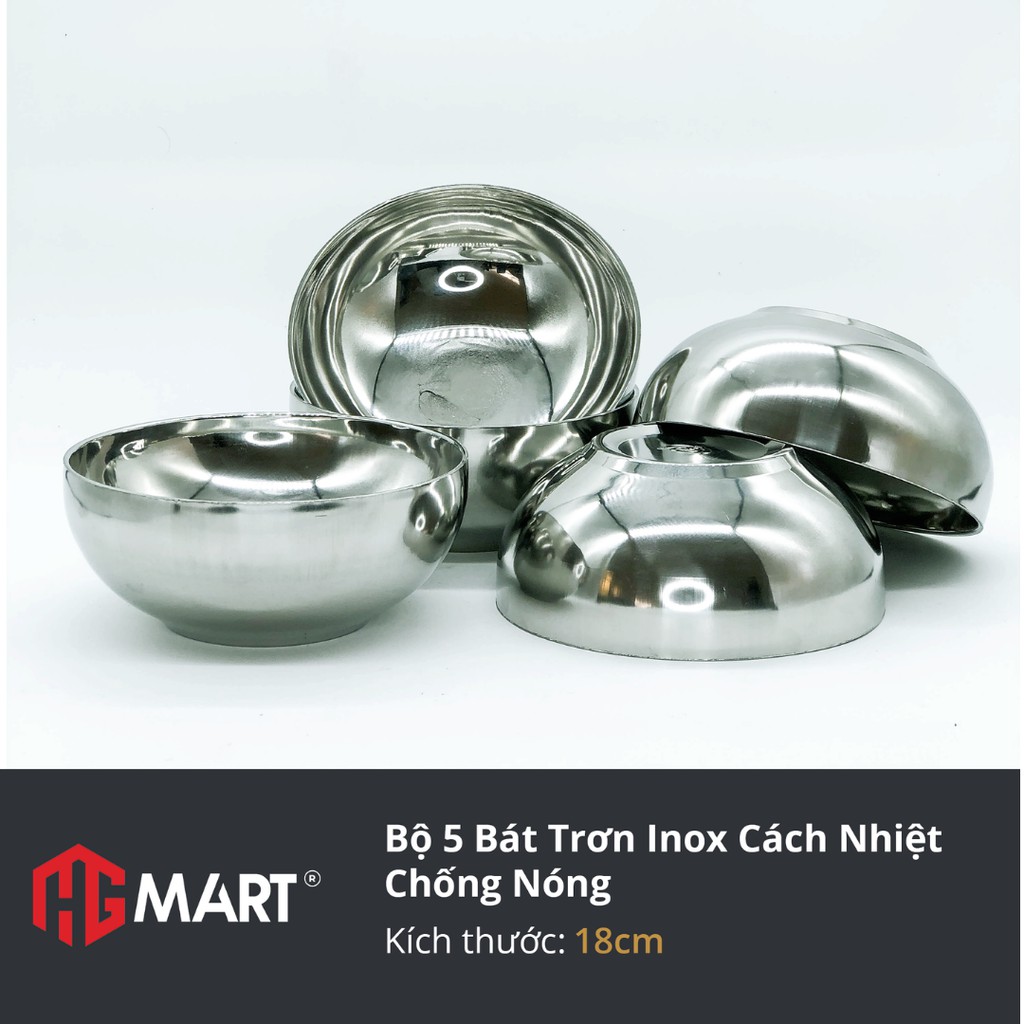 Bộ 5 Bát Trơn Inox cách nhiệt chống nóng thương hiệu HG Mart [Bảo hành 12 tháng]