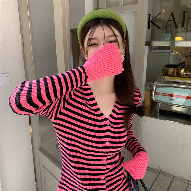 ZHELIHANGFEI Áo Khoác Cardigan Dệt Kim Tay Dài Cổ Chữ V Họa Tiết Kẻ Sọc Thời Trang