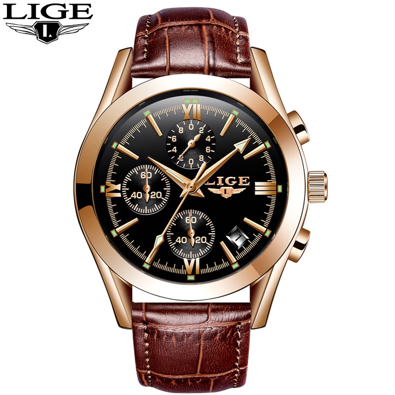 Men's LIGE 9839 Sports Luxury Leather Waterproof Quartz Watch