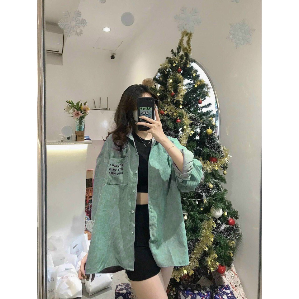 Áo Sơ Mi NHUNG GÂN TĂM THÊU CUTE GIRLS Form rộng Unisex Nam/Nữ Phong Cách Hàn Quốc Ulzzang NUPAKACHI