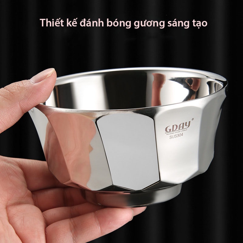 Bát inox, bát ăn inox 304 hai lớp cách nhiệt , cứng, bền, cách nhiệt, thiết kế kim cương GDAY - LOKING
