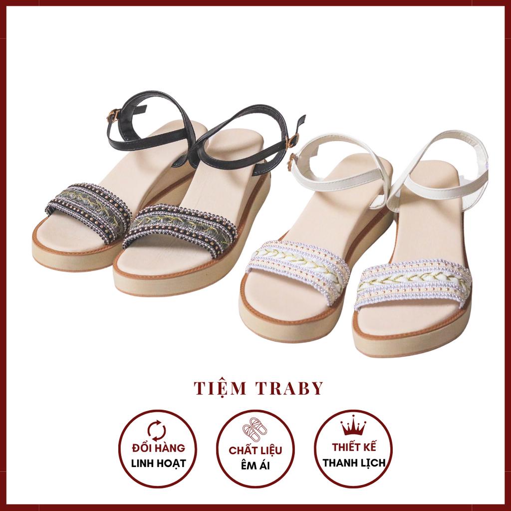 Sandals giày đế xuông nữ kết hạt độc đáo 6 phân Traby