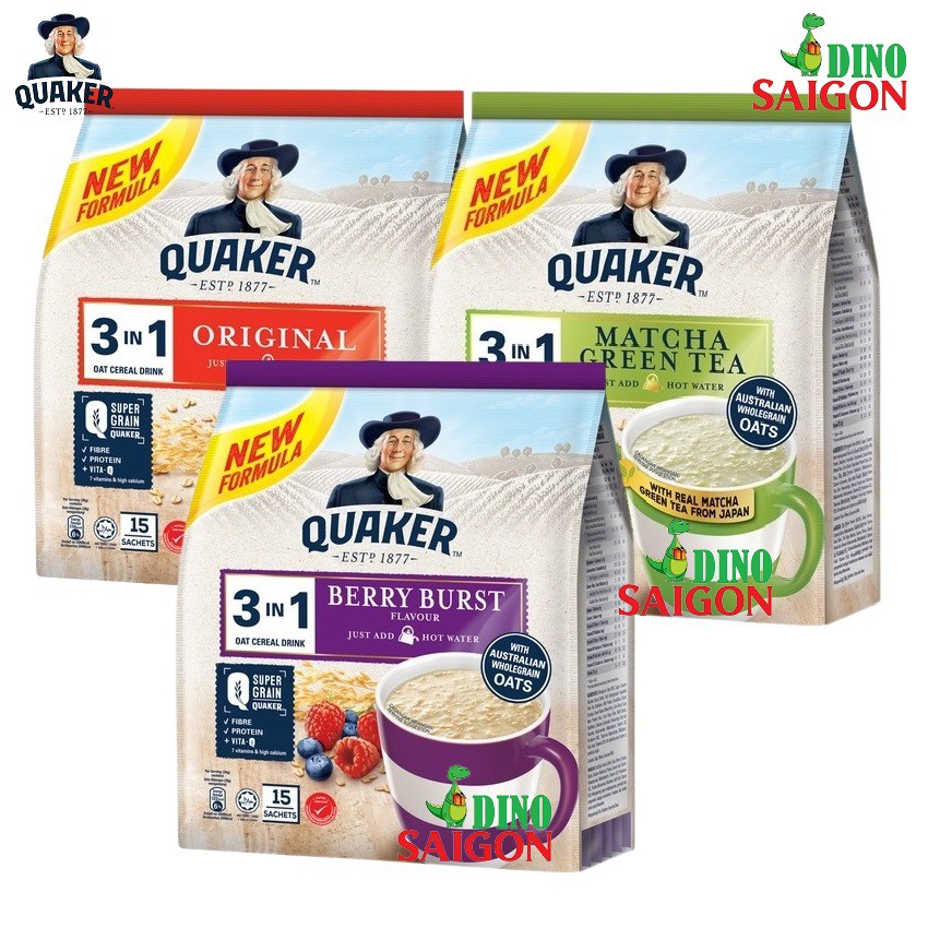 Bộ 3 gói Thức Uống Ngũ Cốc Yến Mạch Quaker 3in1 Mix 3 Vị Dâu Berry, Matcha Trà Xanh và Truyền Thống