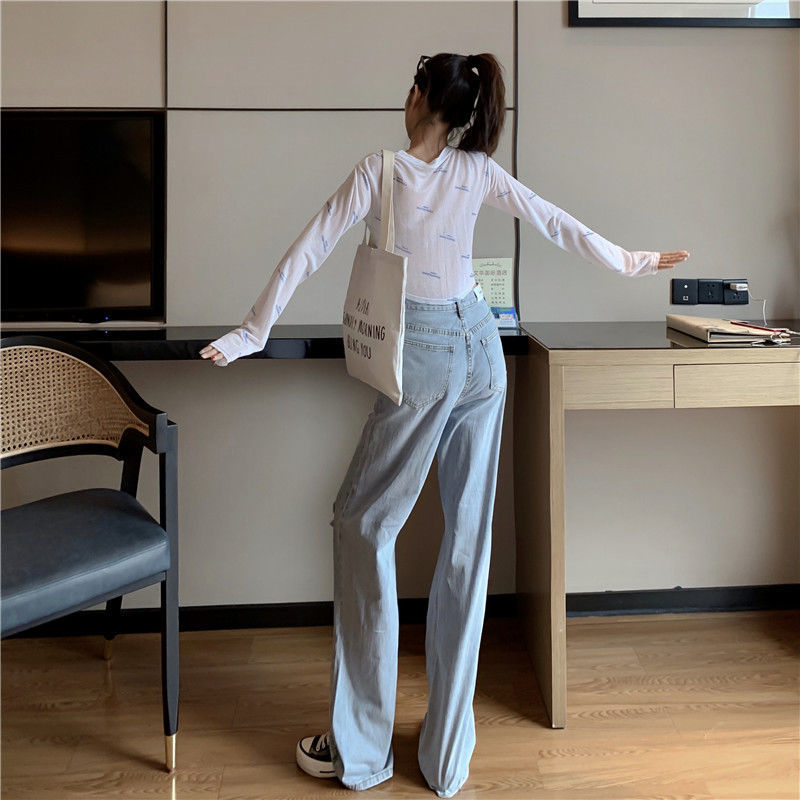 Quần dài jeans lưng cao ống rộng rách gối thời trang dành cho nữ