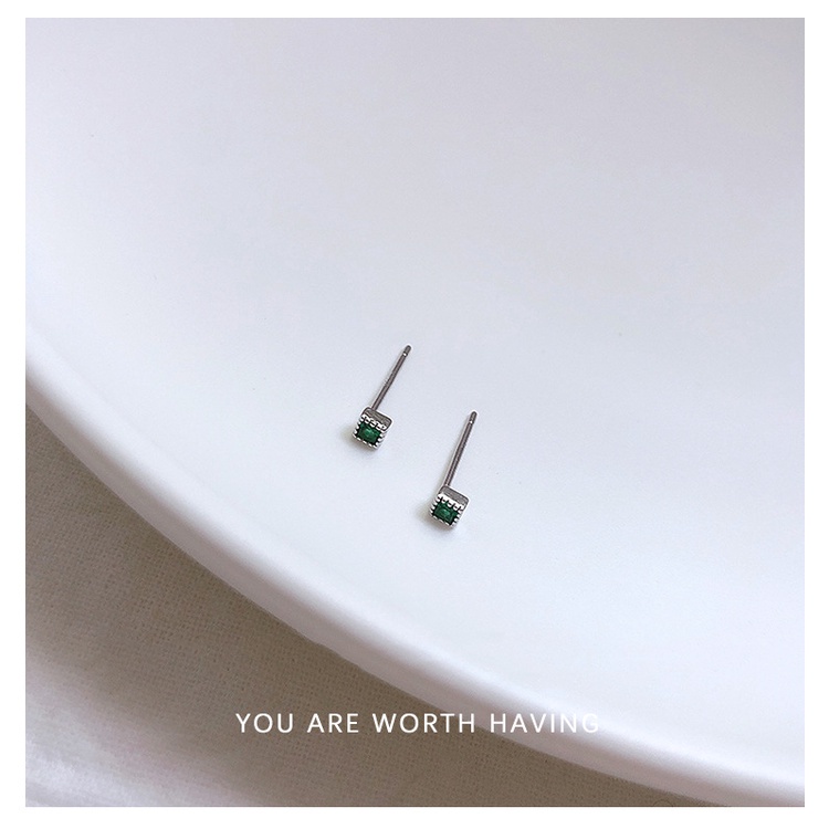 Bông Tai Mạ Bạc 925 Hình Vuông Đính Ngọc Lục Bảo Thiết Kế Đơn Giản