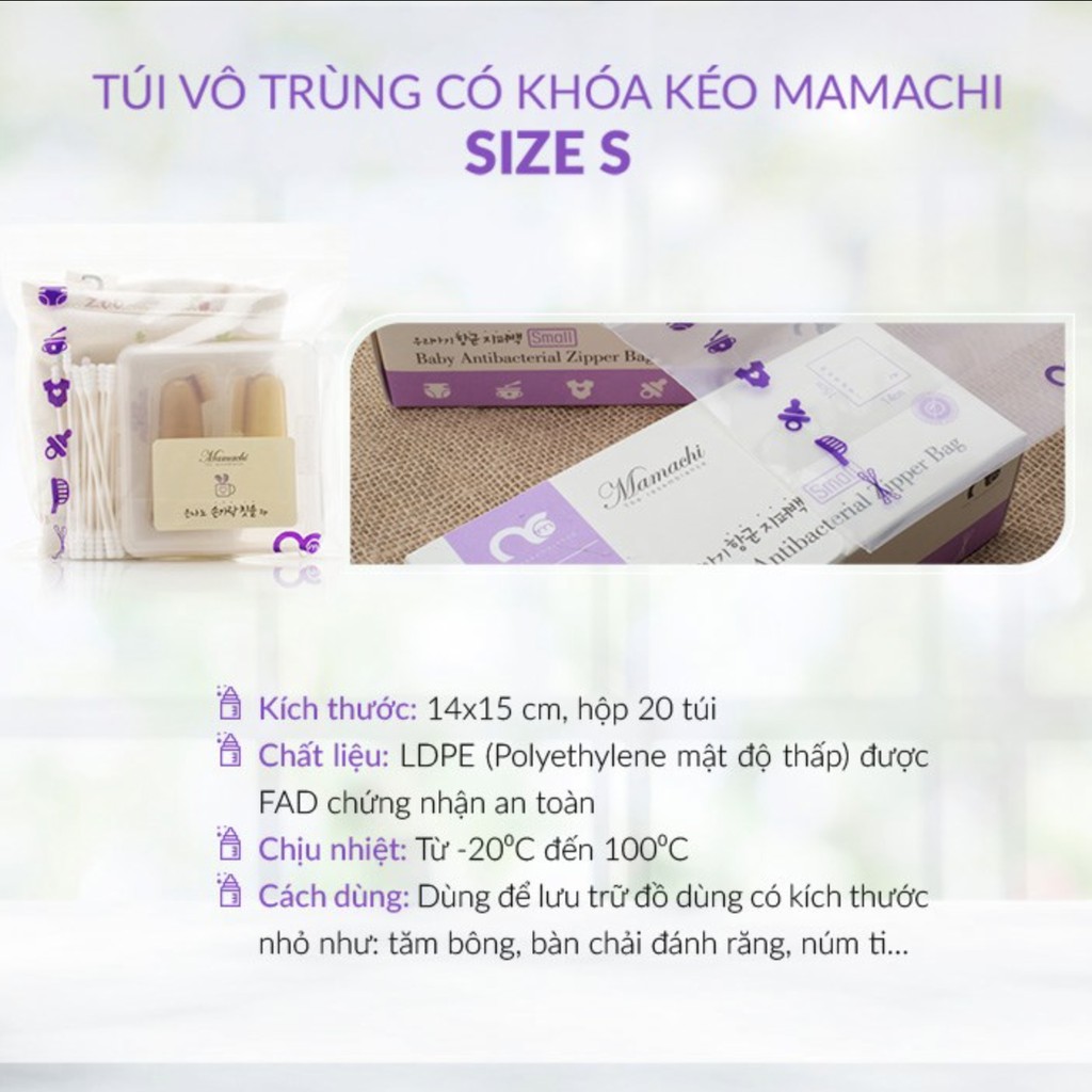 Túi vô trùng có khóa kéo Mamachi an toàn tuyệt đối với trẻ sơ sinh - 20 túi/ hộp