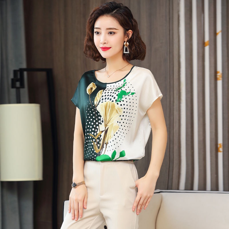 Áo thun tay ngắn cổ tròn dáng rộng in họa tiết thời trang cho phụ nữ trung niên