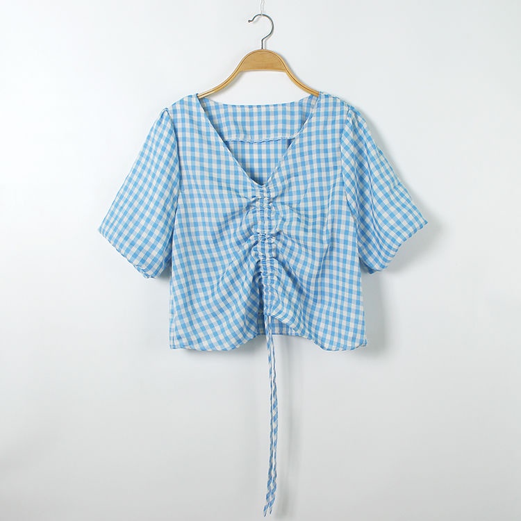 Áo Sơ Mi Tay Ngắn Phồng Cổ Chữ V Họa Tiết Kẻ Sọc Phong Cách Hàn Quốc Thời Trang Mùa Hè Mới Cho Nữ