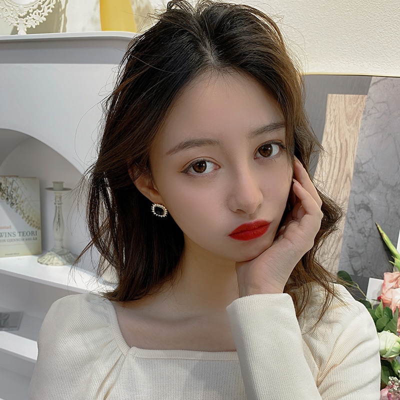 Bông tai mạ bạc đính đá thiết kế đơn giản phong cách Retro Hàn Quốc 2023