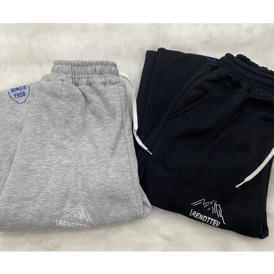 Quần nỉ hình RUBY HOUSE86 Quần thu đông ống rộng lót nỉ, chốt ống, in sắc nét, 2 màu Đen Xám hot hit