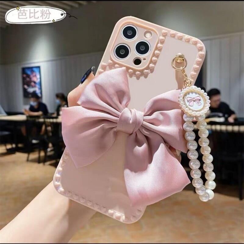 Ốp Điện Thoại Mềm Đính Ngọc Trai Và Nơ Có Dây Đeo Tay Cho iPhone 13 12 11 Pro Max 13 X XR XS Max 6 S 7 8 Plus