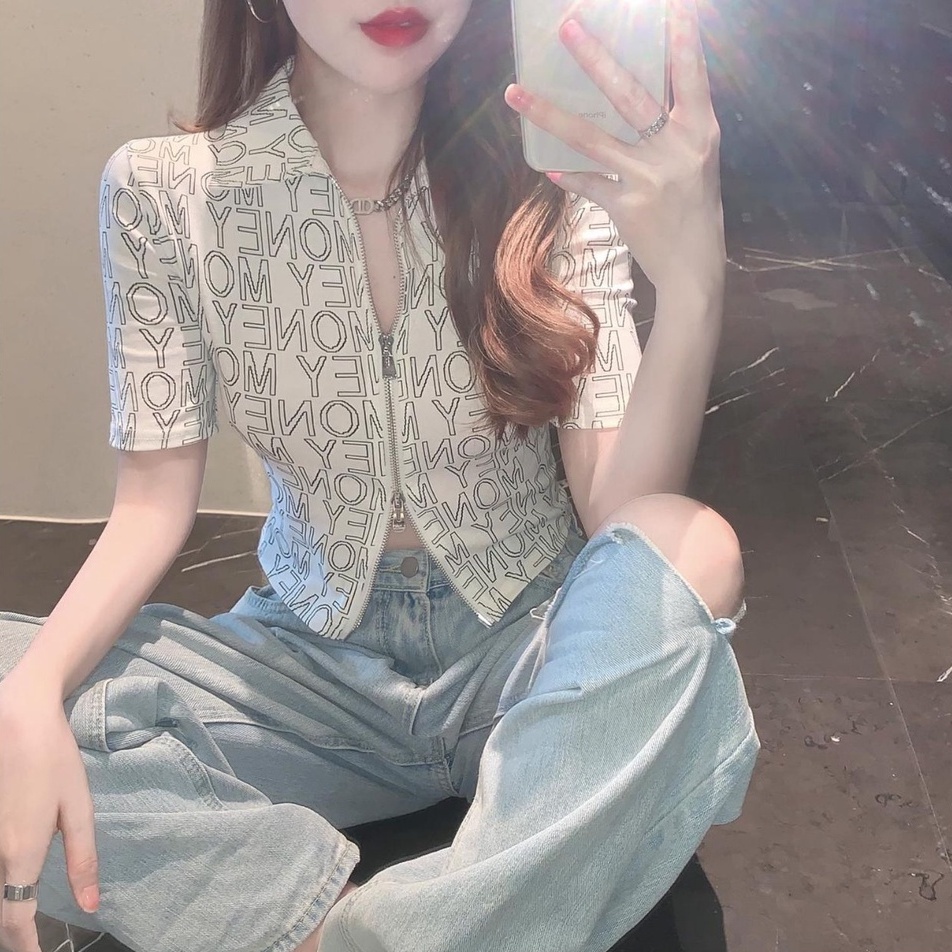 Áo POLO Dệt Kim Tay Ngắn Phối Khóa Kéo Lưng Cao Cá Tính