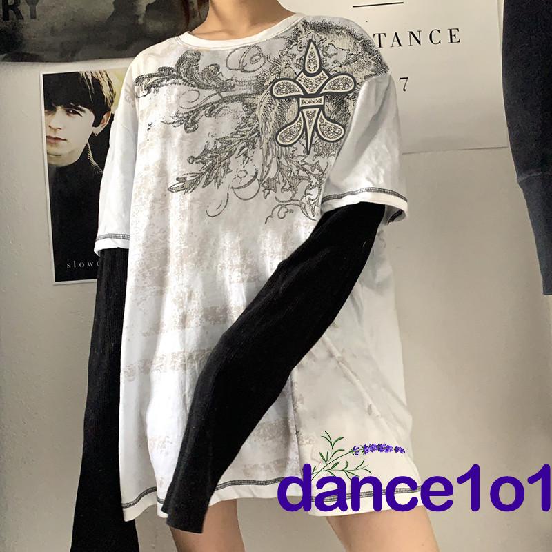 Áo thun nữ cổ tròn dài tay in hoa Y2k