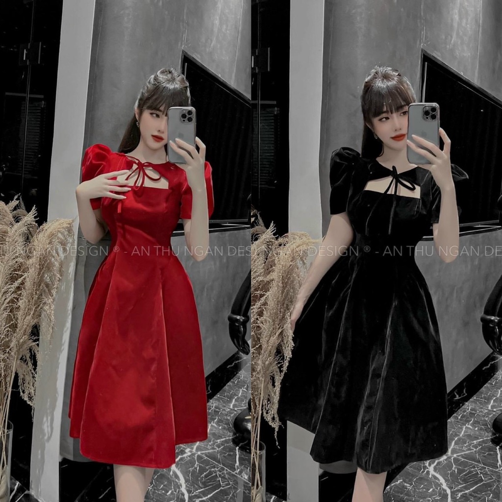 Đầm váy nữ xòe ôm eo cột nơ cổ chất liệu nhung mẫu có mút ngực 3 màu như hình