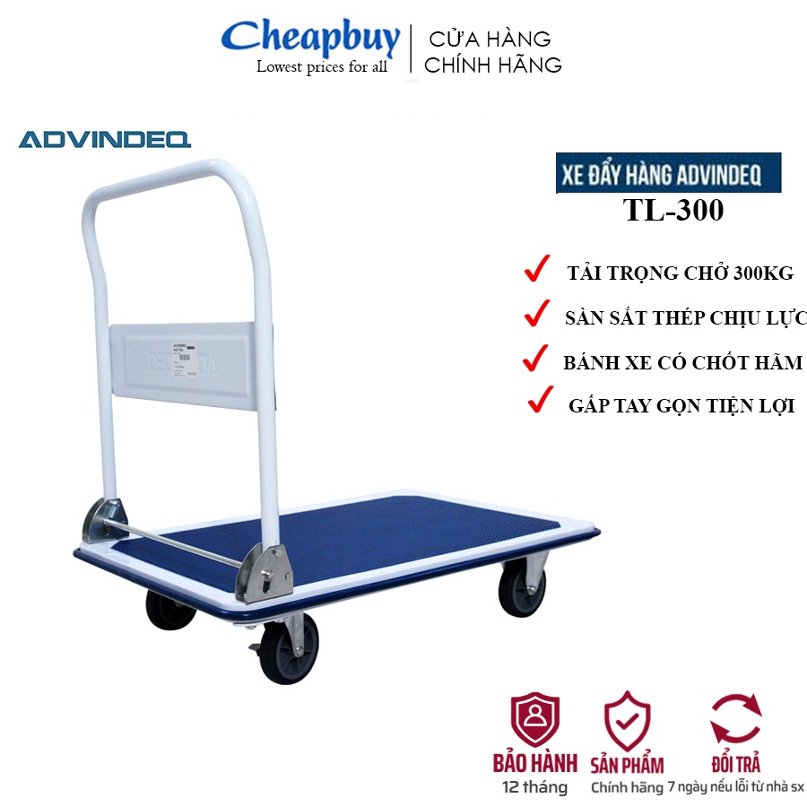 Xe đẩy hàng kéo hàng 4 bánh sàn sắt thép chở 300kg tay đẩy gấp gọn ADVINDEQ TL-300, Bánh xe có chốt hãm Bảo hành 1 năm