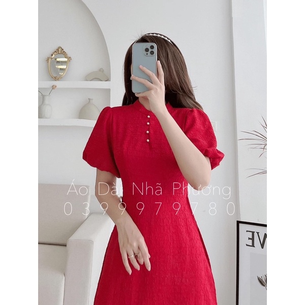 Áo Dài Đũi Nhăn Tay Phồng Điểm Cúc Cách Điệu_SMCOTAU