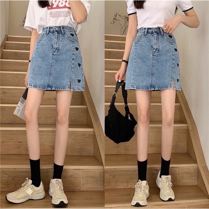 Chân váy chữ A xẻ tà thêu tim mẫu 2021