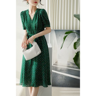 Sqb Đa Năng582527Mg Đầm Lụa Mỏng Cổ Chữ V In Chấm Bi Lãng Mạn Kiểu Pháp