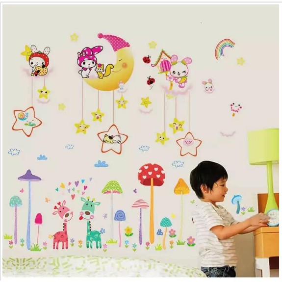 BỘ COMBO DECAL GHÉP ĐÔI TRANG TRÍ - Trăng Vàng kết hợp Nấm hươu 02 ( 2 TẤM )