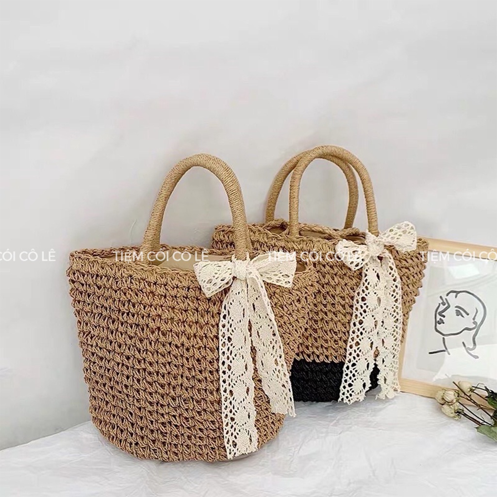 Túi cói đi biển nơ ren ruy băng xinh xắn phụ kiện decor chụp ảnh - Tiệm Cói Cô Lê