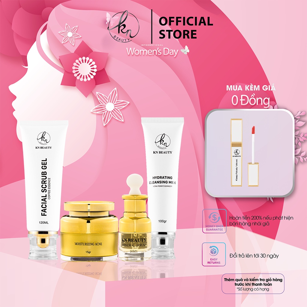 Bộ 4 sản phẩm Trắng Da Ngừa Mụn KN Beauty Kem dưỡng+Serum+Tẩy tế bào chết+ sữa rửa mặt tặng 1 son
