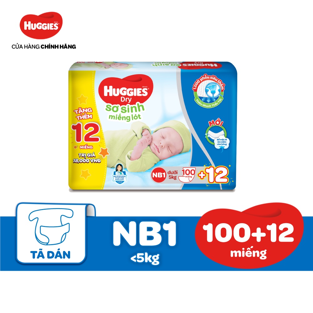 Miếng lót Sơ Sinh Huggies NB1 100 miếng - NB 1 100 (gói 100 miếng) + Tặng 8NB