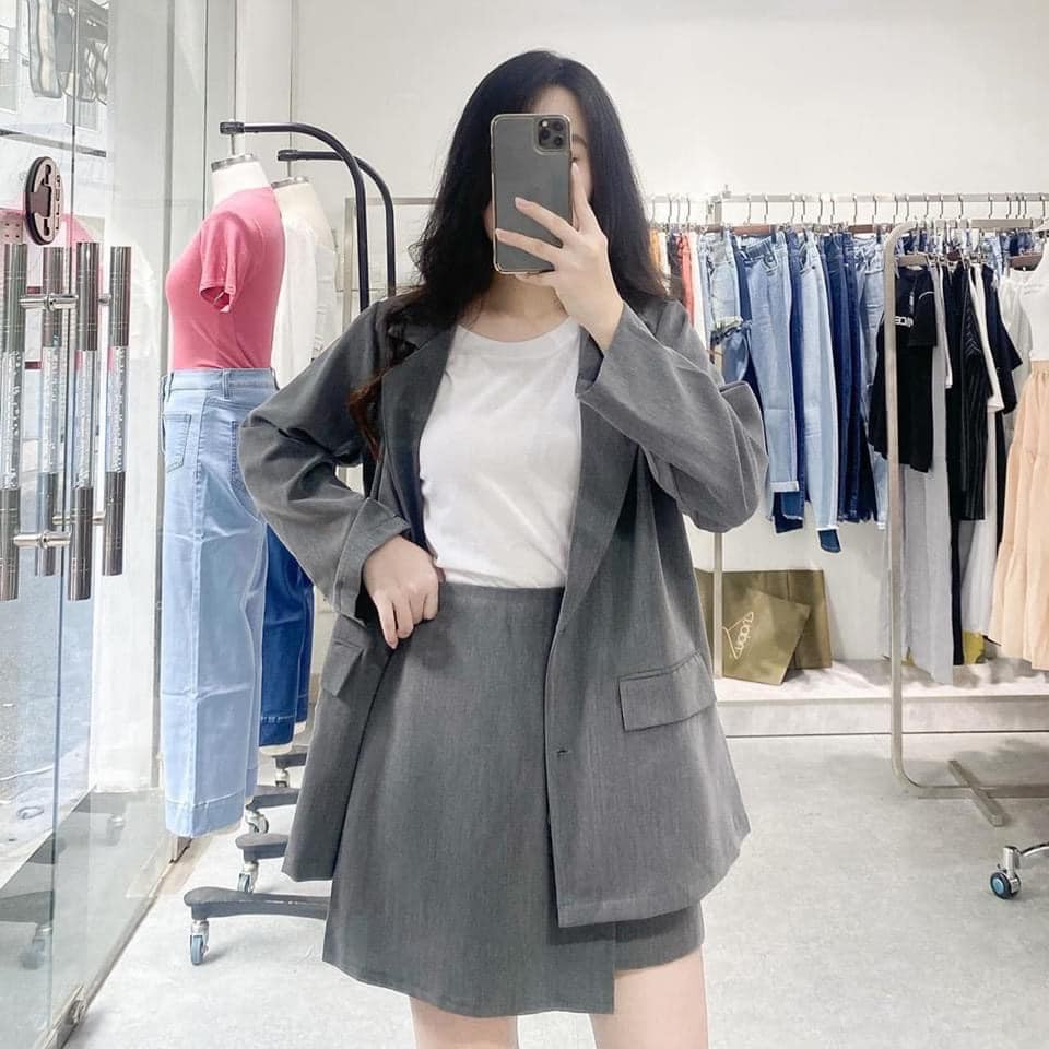Set vest áo blazer kèm chân váy vạt lệch