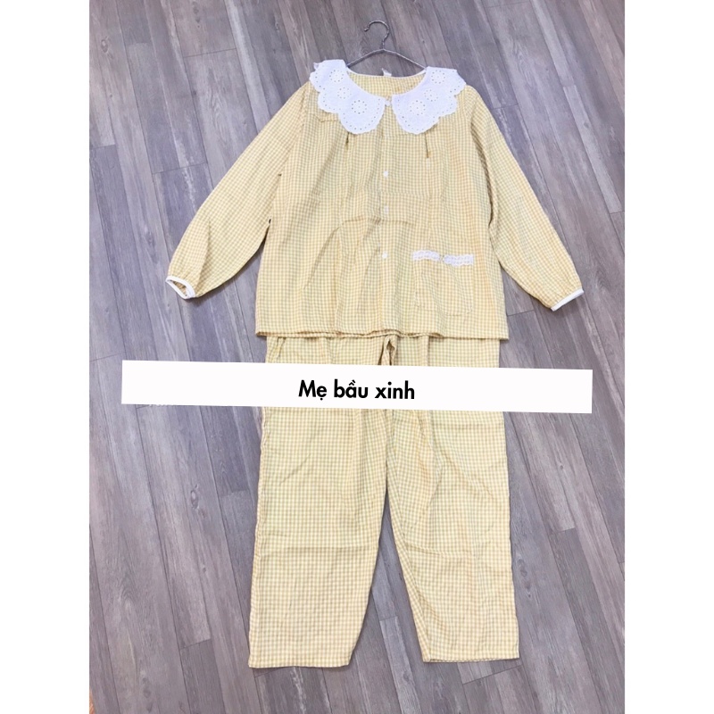 Bộ bầu và sau sinh,  dài tay kẻ, cổ sen ren siêu xinh, có khoá kéo cho bé ti (45-70kg) A001